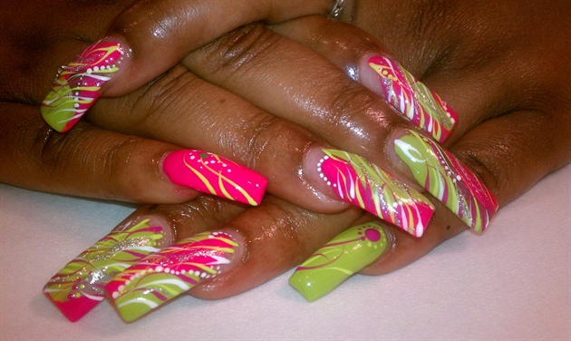 lime green and pink nail designs